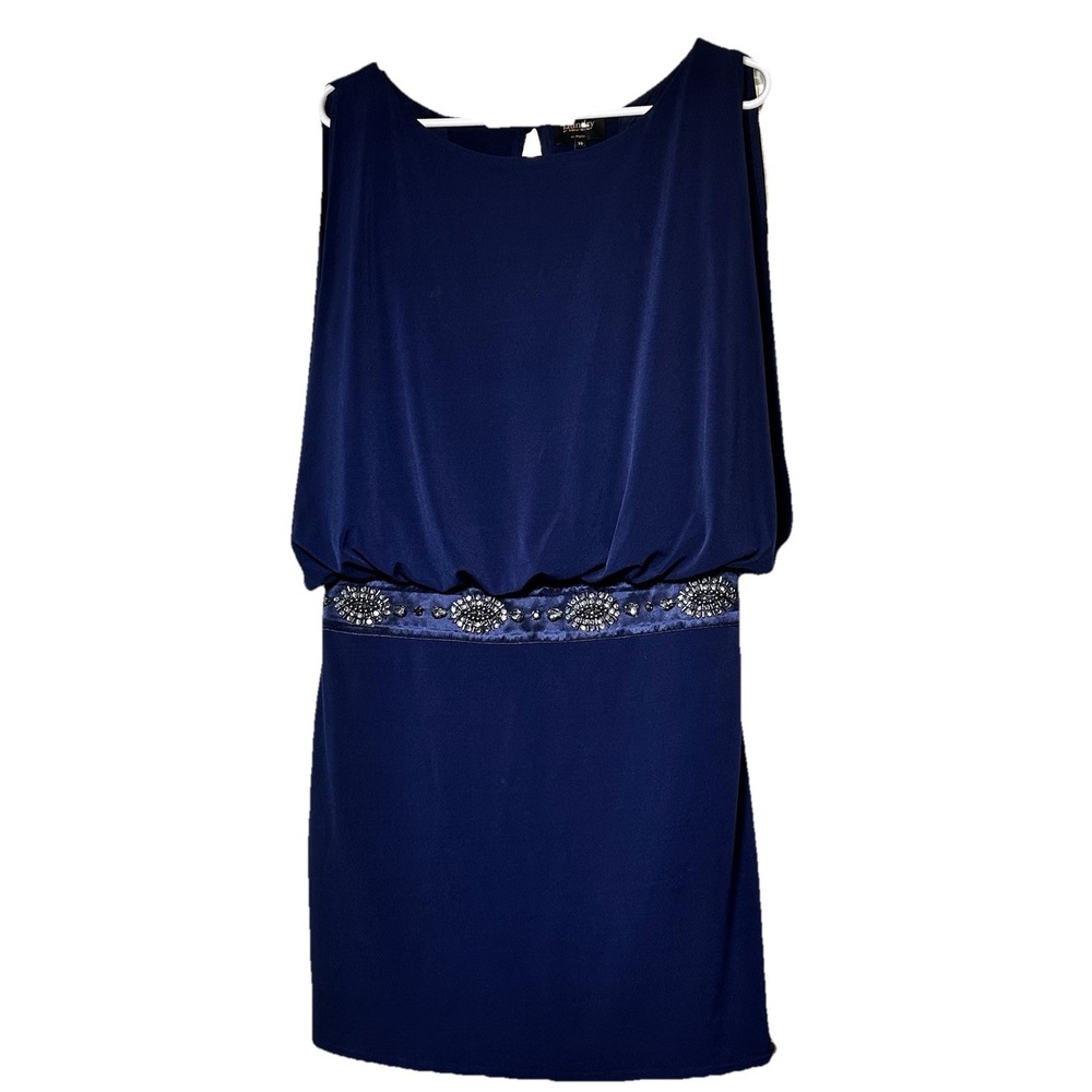 Laundry Shelli Segal Navy Beaded Waist Open‎ Back Cocktail Dress Size 10 READ